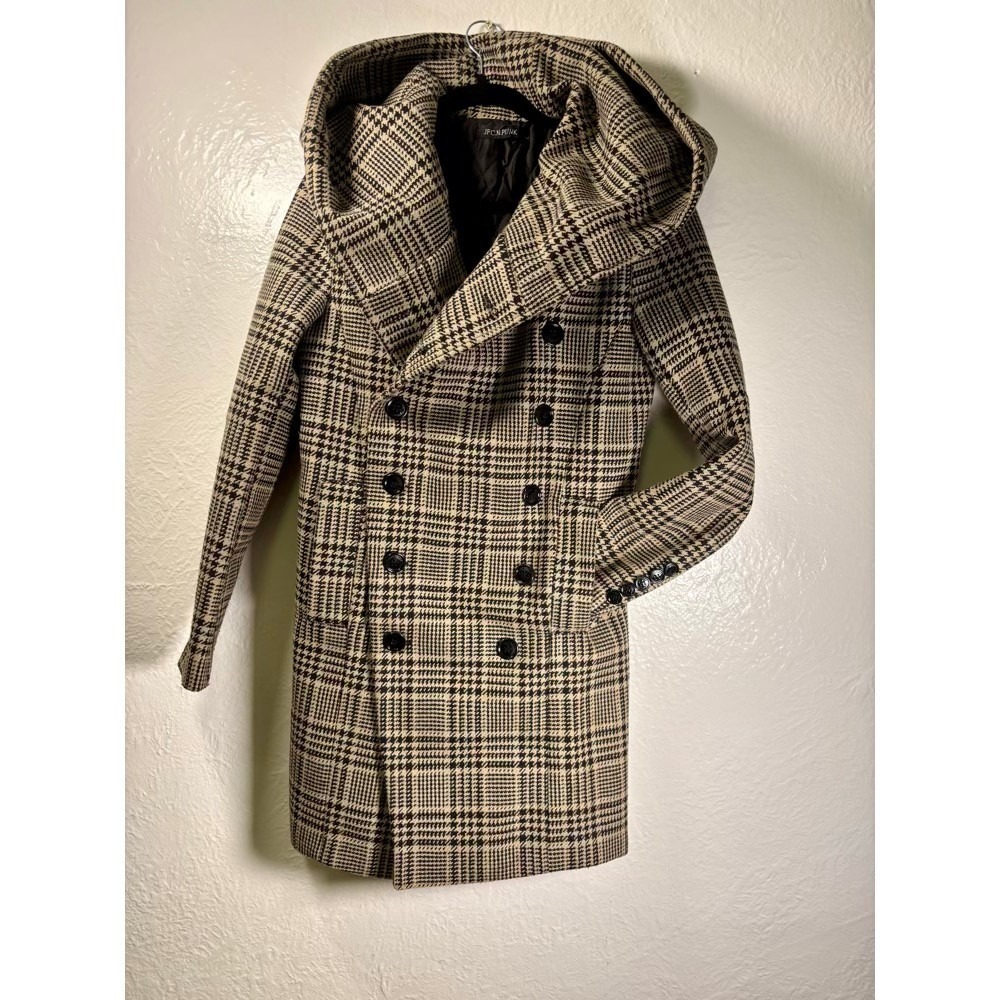 JFC.N.PUNK‎ Plaid Double Breasted Hooded Coat Mens L Academia Prep Retro Alt